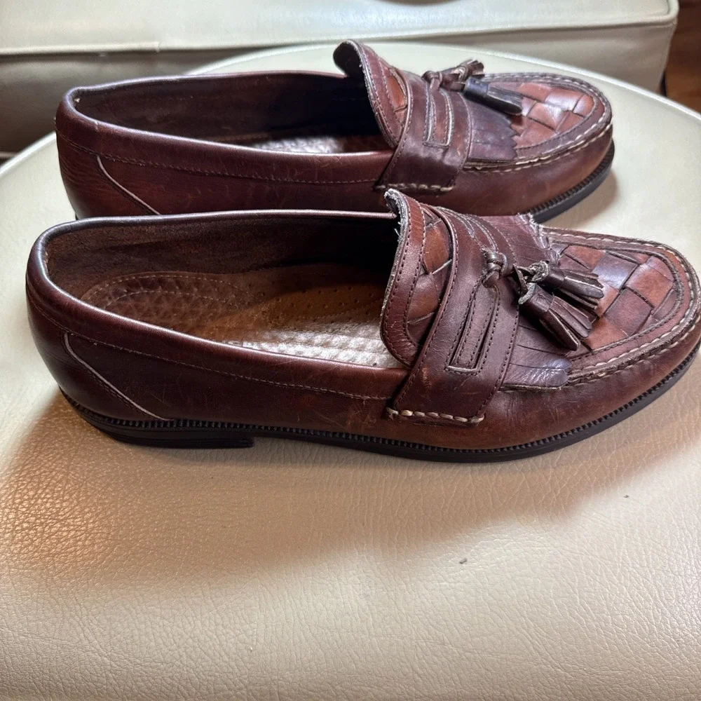 Vintage 90s Brown Hush‎ Puppies Lancer Woven Leather Tassel Loafers 11